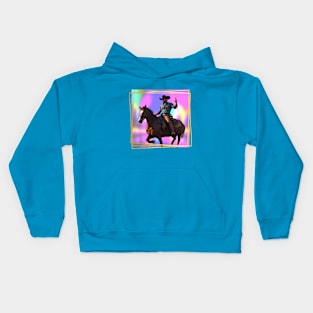 Mounted Cowboy holding his finger up Neon backgrd Kids Hoodie